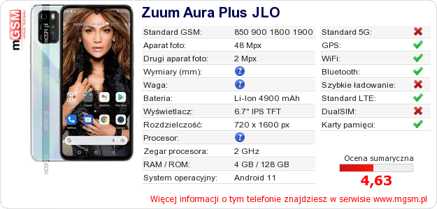 Dane telefonu Zuum Aura Plus JLO