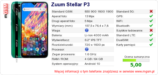 Dane telefonu Zuum Stellar P3 Dane telefonu Zuum Stellar P3