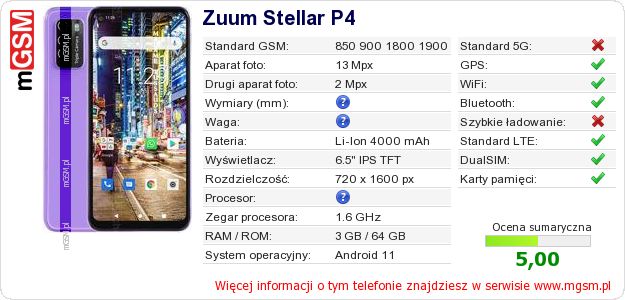 Dane telefonu Zuum Stellar P4 Dane telefonu Zuum Stellar P4